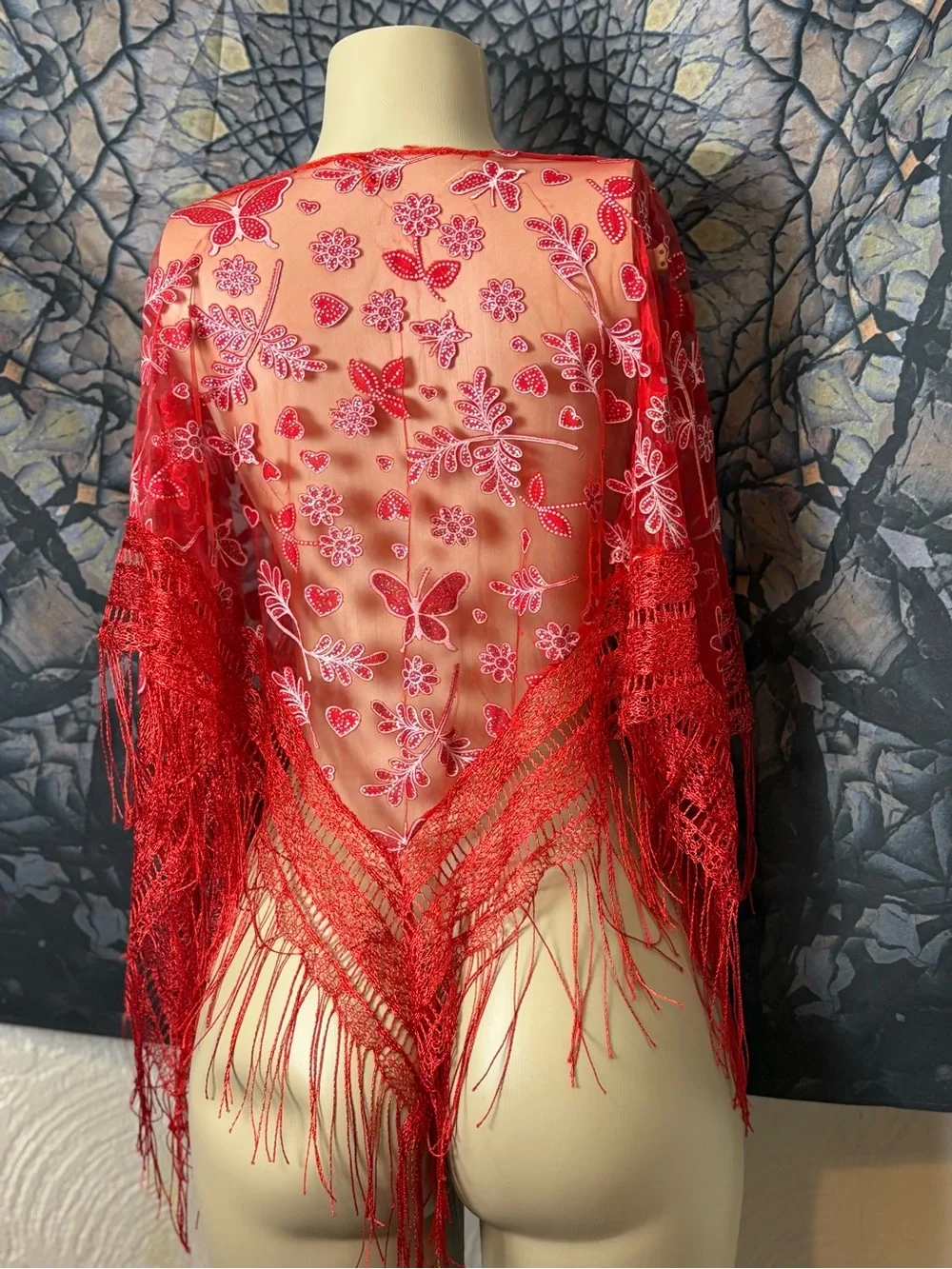 Red Embroidered Fringe Shawl / Scarf Wrap